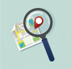 Wall Mural - the magnifying glass and pin location icon and map vector, the concept of travel 