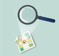 Wall Mural - the magnifying glass and pin location icon and map vector, the concept of travel 