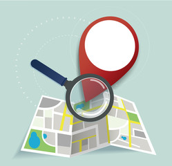 Wall Mural - the magnifying glass and pin location icon and map vector, the concept of travel 