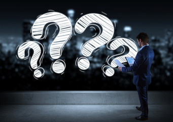 Poster - Businessman watching a question mark sketch on a rooftop 3D rendering
