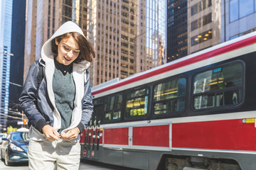 Happy girl travelling in the city