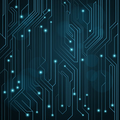 Poster - high-tech background of blue color from a computer board with leds and luminous neon connectors. com