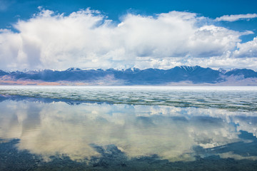  panoramic view of fluffy white clouds reflecting in watery surface of lake
