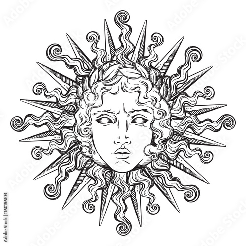 Fotografía Hand drawn antique style sun with face of the greek and roman god Apollo