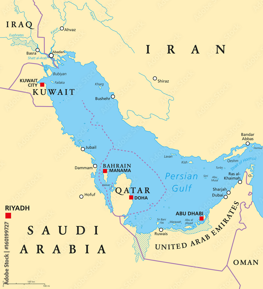 Persian Gulf region countries political map. Capitals, borders, cities and rivers. Iran, Iraq, Kuwait, Qatar, Bahrain, United Arab Emirates, Saudi Arabia, Oman. Illustration. English labeling. Vector.