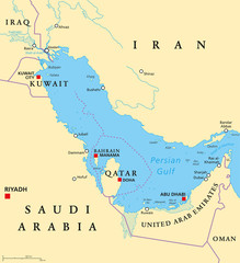  Persian Gulf region countries political map. Capitals, borders, cities and rivers. Iran, Iraq, Kuwait, Qatar, Bahrain, United Arab Emirates, Saudi Arabia, Oman. Illustration. English labeling. Vector.