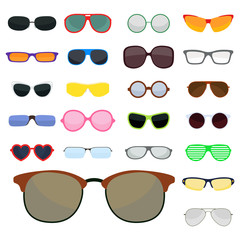 Fashion set sunglasses accessory sun spectacles plastic frame modern eyeglasses vector illustration.