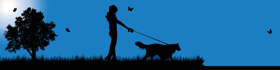 Wall Mural - Vector silhouette of woman with dog in nature at sunny day.