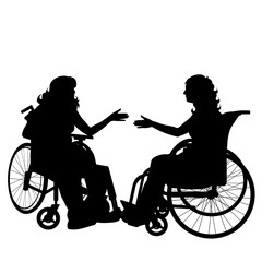 Sticker - Vector silhouette of couple on wheelchair on white background.