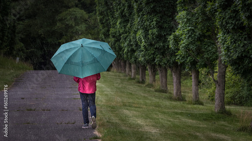 Woman Under A Green Umbrella Walking Down A Garden Path On A Rainy