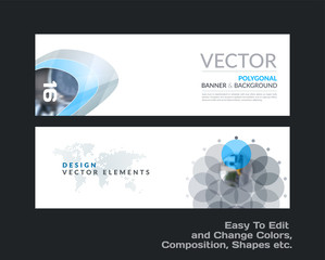 Wall Mural - Abstract vector set of modern horizontal website banners with blue rounds, circles, dots for construction, teamwork, tech, communication. Clean web headers design with overlay effect.