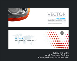 Wall Mural - Abstract vector set of modern horizontal website banners with red rounds, circles, dots for construction, teamwork, tech, communication. Clean web headers design with overlay effect.