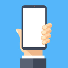 Poster - hand holding black smartphone with white screen. mobile phone, cellphone and blank screen concept. m