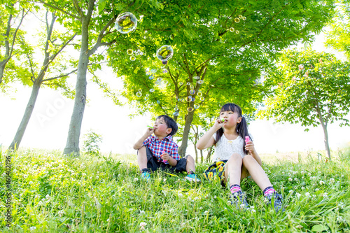 新緑の樹木の前でシャボン玉で遊ぶ姉弟の子供 Stock 写真 Adobe Stock