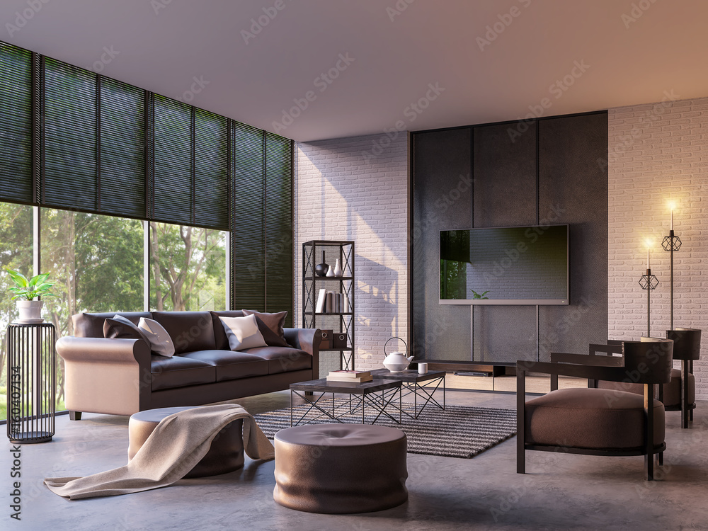 Modern loft living room with nature view 3d rendering image Furnished ...