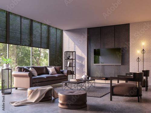 Modern Loft Living Room With Nature View 3d Rendering Image