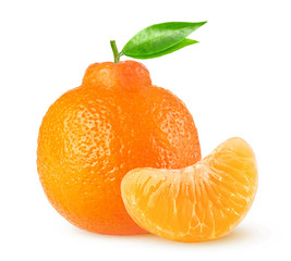 Fototapete - Isolated citrus fruit. Clementine or minneola tangelo whole citrus fruit and one peeled segment on white background with clipping path