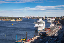 STOCKHOLM, SWEDEN - SEPTEMBER, 16, 2016: Big White Line Cruise Ship, Terminal Near Old Town