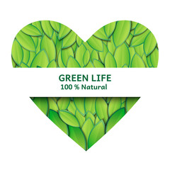 Wall Mural - vector illustration of heart filled with green leaves. heart shaped frame with lush foliage for text