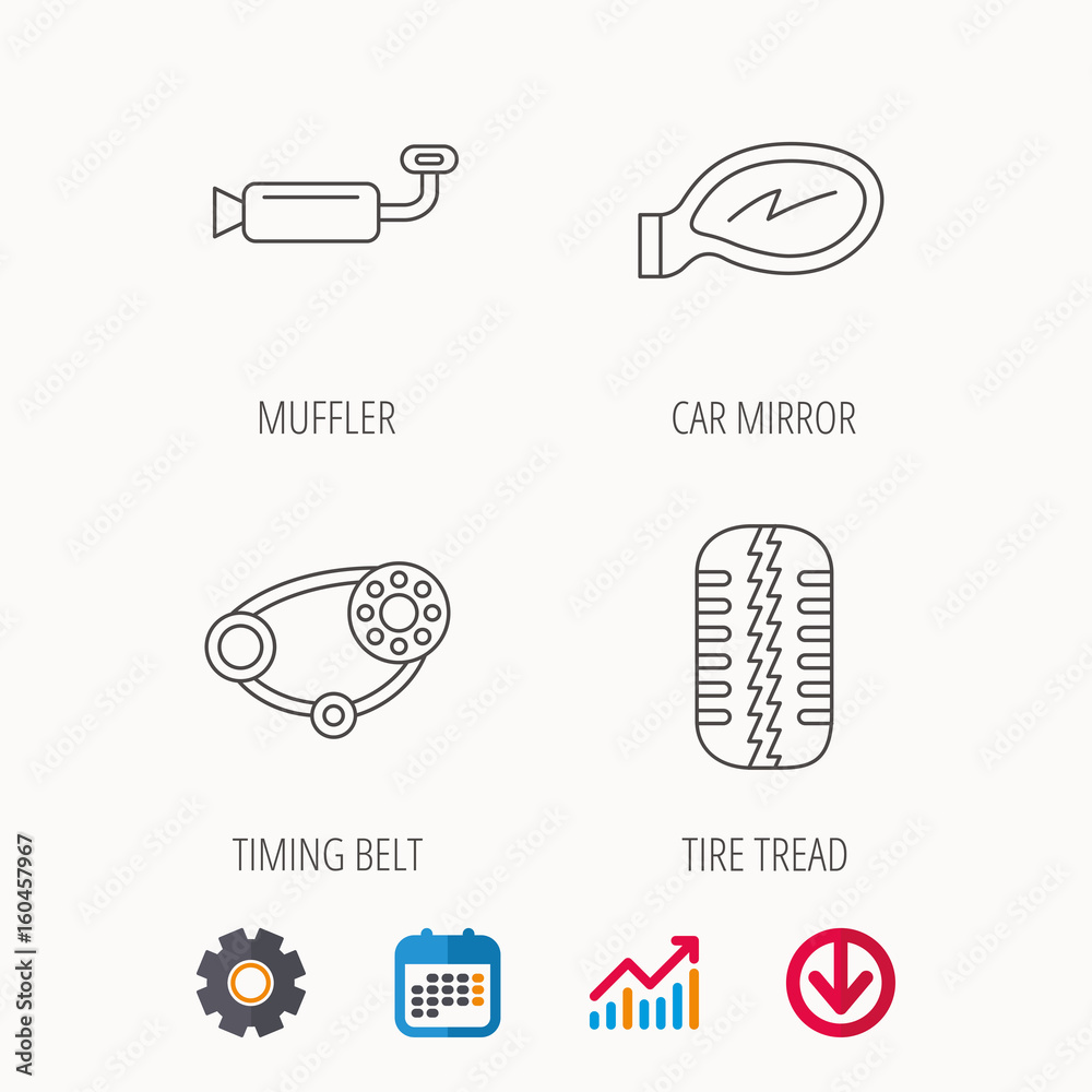 Tire tread, car mirror and timing belt icons. Muffler linear sign ...