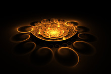 Abstract Exotic Gold Flower With Textured Petals On Black Background. Fantasy Fractal Design In Orange And Yellow Colors. Psychedelic Digital Art. 3D Rendering.
