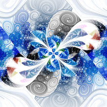 Exotic Flower With Textured Petals On White Background. Abstract Symmetrical Floral Design In Blue, Black, Green And Brown Colors. Fantasy Fractal Art. 3D Rendering.