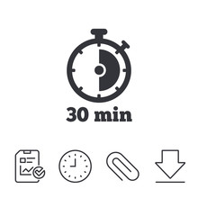 Timer Sign Icon. 30 Minutes Stopwatch Symbol.