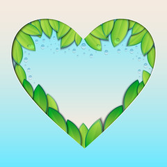 Wall Mural - vector illustration of heart filled with green leaves and water drops. blue sky heart shaped frame w