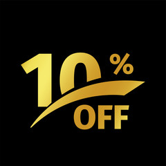 Poster - Black banner discount purchase 10 percent sale vector gold logo on a black background. Promotional business offer for buyers logotype. Ten percentage off, discounts in the strict style coupon.