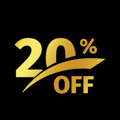 Poster - Black banner discount purchase 20 percent sale vector gold logo on a black background. Promotional business offer for buyers logotype. Twenty percentage off, discounts in the strict style coupon.
