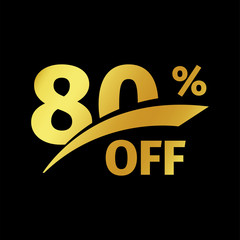Poster - Black banner discount purchase 80 percent sale vector gold logo on a black background. Promotional business offer for buyers logotype. Eighty percentage off, discounts in the strict style coupon.