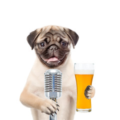 Poster - Funny puppy holding light beer and retro microphone. isolated on white background