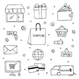 Fototapeta  - Hand drawn of shopping doodle art vector design. Ecommerce shopping concept.