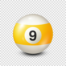 Billiard,yellow Pool Ball With Number 9.Snooker. Transparent Background.Vector Illustration.