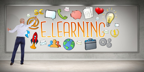 Wall Mural - Businessman drawing e-learning sketch on a board 3D rendering