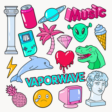 Vaporwave Teenager Style Doodle with Dinosaur, Computer and Ice Cream. Vector illustration