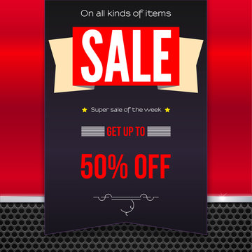Sale vintage text banner. Ready to print and use in advertising of products and the best deals composition. Selling background with fifty percent discount. Pennant, flag on a metal backgdrop