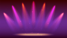 Background With Rays Of Light From The Colored Spotlights. Bright Lighting With Coloring Spotlights, Projector. Shined Scene, Illumination Effects On Dark Backdrop.
