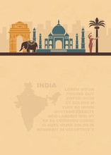 Template Leaflets With A Map And Architectural Landmarks Of The India And Place For Text On Old Paper
