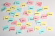 Paper stickers with different names on white wall. Concept of choosing baby name