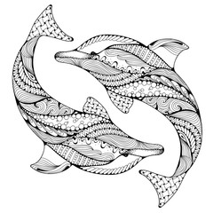 Wall Mural - Stylized ocean dolphin animal. Freehand sketch for adult anti stress coloring book page with doodle and zentangle elements. Ornamental pattern for relax and meditation