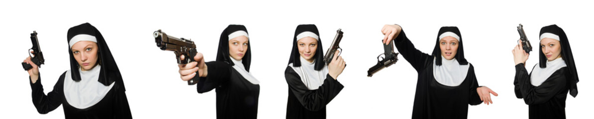 Wall Mural - Nun with handgun isolated on white