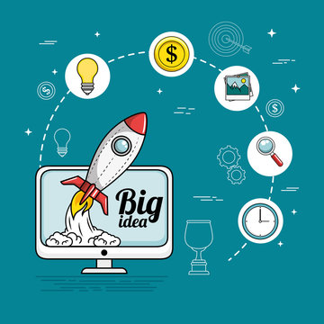 Computer screen with rocket big idea sign and office related icons over blue background vector illustration