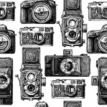 Seamless Pattern With Photo Cameras. Vector Illustration In Vintage Engraved Style On White Background.  