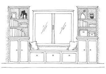 Wall Mural - Modern interior. A place to relax before the window. On the sides of the bookcases. Vector illustration of a sketch style.