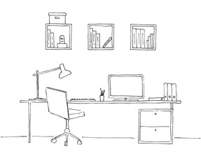 Fototapete - Sketch the room. Office chair, desk, various objects on the table. Sketch workspace. Vector illustration