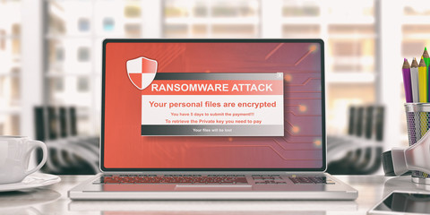 Ransomware alert on a laptop screen. 3d illustration