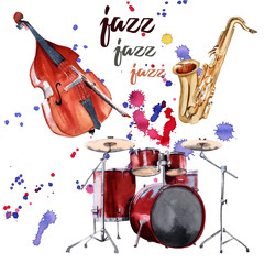 Jazz instruments. Saxophone, drums and double bass. Isolated on white background. 