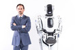 Adult businessman and robot are demonstrating self-control