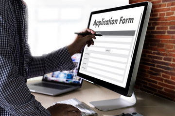 Poster - business man working on laptop computer use Online Web Job Application Form moniter